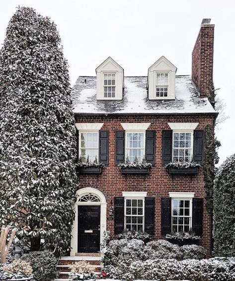 Colonial House Exteriors, Snow House, Black Shutters, Colonial Exterior, Red Brick House, House Exteriors, Colonial House, Home Exteriors, Dream House Exterior