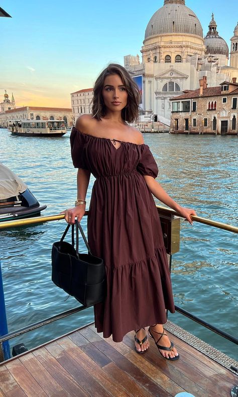 Olivia Culpo Outfits and Style Olivia Culpo Instagram, Olivia Culpo Style, Fashion Dictionary, Personal Style Inspiration, Olivia Culpo, Peasant Dress, Lace Up Sandals, Celebrity Outfits, Brown Dress