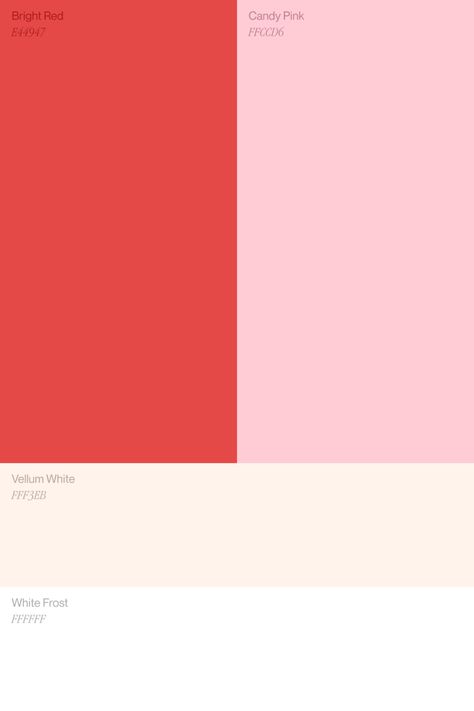 A mix of bright red and candy pink with a dash of light cream. Red Pink White Color Palette, Red Pink Wedding Theme, Pink And Cream Color Palette, Pink Red Palette, Pink And Red Palette, Pink And Red Colour Palette, Pink And Red Color Palette, Light Pink Color Palette, Pink And Orange Color Palette