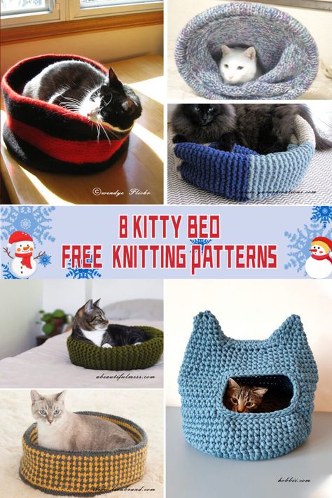 8 Kitty Bed FREE Knitting Patterns - iGOODideas.com Knit Cat Bed, Cat Bed Pattern, Santa Claus Pillow, Knit Cat, Crochet Cat Bed, Knitting Paterns, Knitted Cat, Free Knitting Patterns, Blanket Yarn