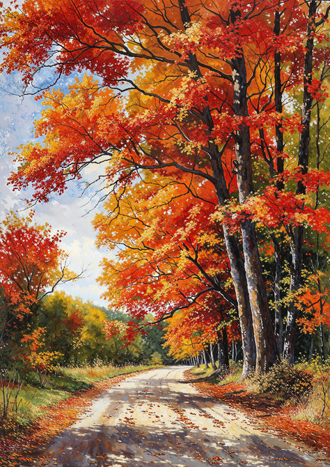 Capture the season's beauty with a road winding through a vibrant autumn forest, ablaze with red and orange hues. Add a touch of fall's warmth to your decor. Simple Fall Landscape Painting, Fall Colors Painting, Fall Foliage Painting, Acrylic Autumn Paintings, Fall Scene Painting, Autumn Scenery Landscape, Fall Nature Painting, Autumn Season Drawing, Fall Images Autumn Beautiful