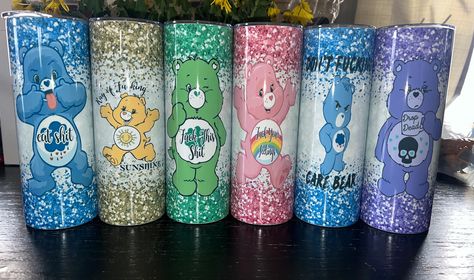 * 20 oz swear Bear care Bear tumblers  * these will make funny gifts for friends or family  * tumblers are stainless steel double wall insulated so your drinks will stay hot or cold for hours  * these are special sublimation tumblers and have a special sublimation ink used in the due process so these will last forever  * 6 different bears and sayings to choose from  * these are sublimated so no epoxy, vinyl, resin or stickers are used in the making of these  * these do not have epoxy, stickers o Care Bear Tumbler Cups, Swear Bears, Bear Cup, Funny Bears, Funny Gifts For Friends, Birthday Ideas For Her, Birthday Wrapping Paper, Glitter Cups, Tumbler Cups Diy