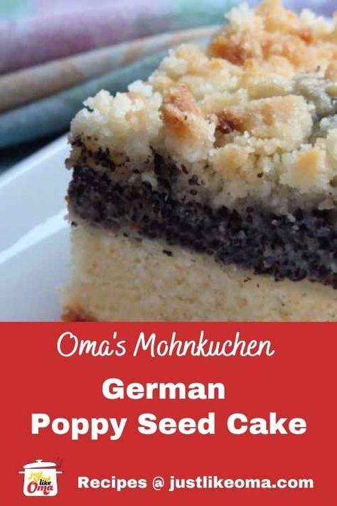 My Mutti's German Poppy Seed Cake recipe, aka Mohnkuchen. Delicious and, oh, so traditionally German. Try making this yummy holiday treat just like my Mutti! Poppyseed Squares, German Poppyseed Cake, Poppy Seed Kolache Recipe, Poppy Seed Cake Recipe, German Pastries, German Bakery, Seed Cake, Easy Bar Recipes, German Food Authentic