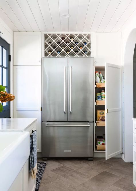 Pantry Next To Fridge, Galley Kitchen Pantry, Cabinets Around Fridge, Storage Above Fridge, Small Galley Kitchen Ideas, Above Fridge, Galley Kitchen Ideas, Gray Tile Backsplash, Galley Kitchen Layout