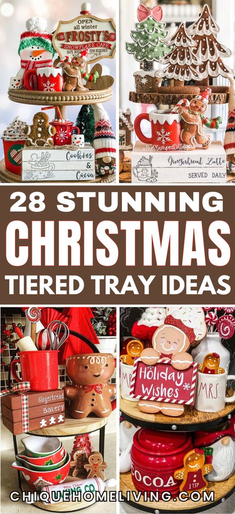 Get inspired to create a festive focal point in your home with our curated Christmas Tiered Tray Ideas! Perfect for adding charm to kitchens, entryways, or living rooms, these ideas include everything from mini trees and ornaments to holiday mugs and candles. Gingerbread Tier Tray Ideas, Hot Chocolate Tiered Tray, Two Tier Tray Decor, Christmas Countertop Decor, Christmas Tiered Tray Ideas, Gingerbread Tiered Tray Decor, Bathroom Tiered Tray Decor, Hot Cocoa Tiered Tray, Dessert Tier