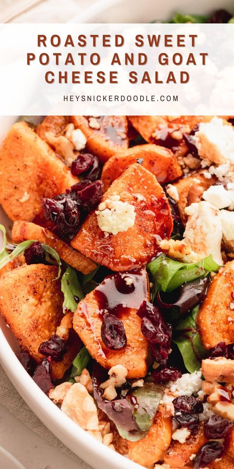 This roasted sweet potato and goat cheese salad is both sweet and savory. It has tender oven roasted sweet potatoes, creamy goat cheese, toasted walnuts, dried cranberries and is drizzled with a thick balsamic reduction. Potatoes Goat Cheese, Sweet Potato And Goat Cheese, Oven Roasted Sweet Potatoes, Goat Cheese Stuffed Chicken, Grilled Sweet Potatoes, Whipped Goat Cheese, Sweet Potato Slices, Goat Cheese Recipes, Roasted Sweet Potato