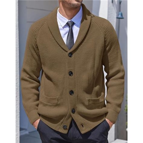 Multi-Color Long Sleeve Cardigan Sweaters For Men, Shawl Collar, Loose Fit, Solid Color, Two Patch Pockets, Button Closure, Soft Thick Sweater Jackets Keeps You Warm And Comfort. 95% Acrylic + 5% Spandex, Good Quality Fabric, Good Capability Of Tenderness And Air Permeability, Stretchy, Skin-Friendly, No Pilling, Soft And Lightweight Fabric Creates A Relaxed Fit. Thick And Warm, Will Hug You Just Right In Cold Days In A Cozy Way. This Stylish Shawl Collar Cardigan Can Be Paired With A Formal Shi Office Sweater Outfit Men, Formal Sweater Men, Men’s Cardigans, Light Academia Mens Fashion, Dress Shirt With Sweater, Men’s Cardigan, Dress Shirt And Sweater, Collar Under Sweater, Office Sweater Outfit