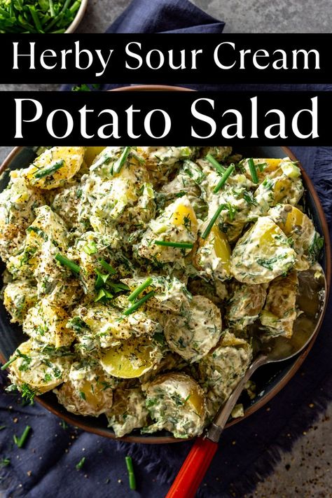 herbed potato salad in a shallow blue bowl Herb Potato Salad, Sour Cream Potato Salad, Herbed Potato Salad, French Potato Salad, Sour Cream Potatoes, French Potatoes, How To Store Potatoes, German Potato Salad, Summer Meal