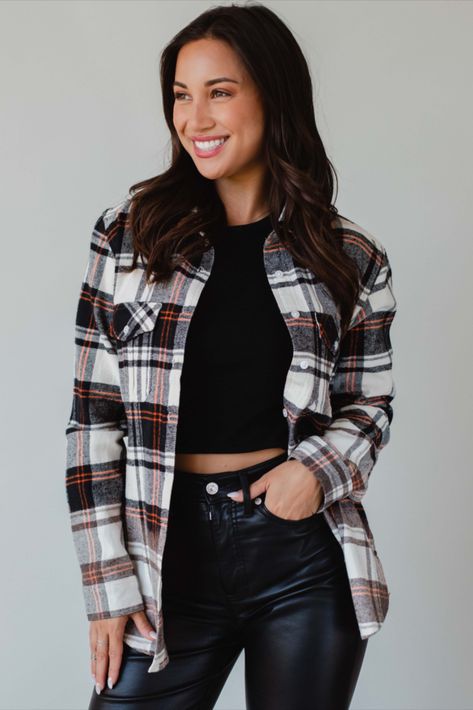 A neutral flannel with a touch of color! This new black, cream and orange plaid flannel with bleached dipped contrast is perfect for a trip to the apple orchard or an afternoon brewery hopping with friends. Neutral Flannel, Black Flannel Shirt, Knitted Hats Kids, Pumpkin Patch Outfit, Fall Flannel, Knit Hat For Men, Friends Black, Blouse Tank Top, Flannel Women