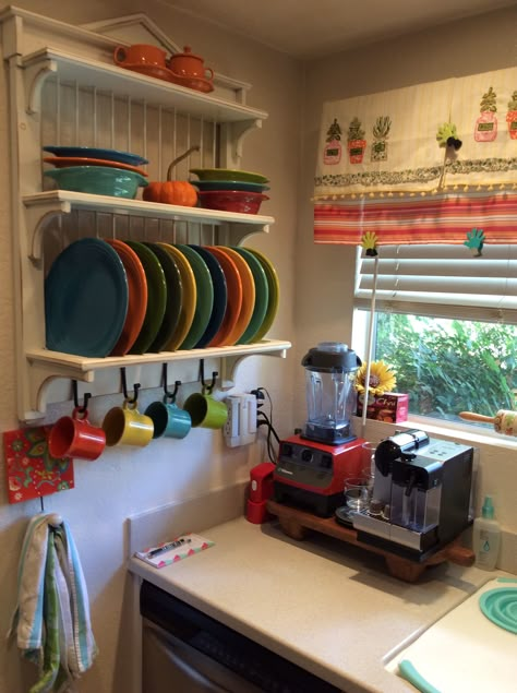 My daughter gave me a new display shelf for my Fiesta--luv,luv,luv❤️ Wall Shelves Kitchen Plates, Kitchen Shelves For Plates And Cups, Indian Plate Rack, Mexican Kitchen Shelf Decor, Plates Rack, Plate Rack For Kit Hen Cabinets, Indian Room Decor, Dish Display, Simple Kitchen Design