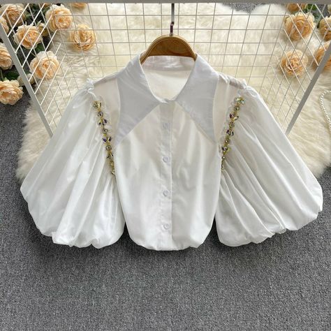 Puff Sleeve Top Outfit Korean, Shirt Design Ideas, Fancy Shirt, Blouse Casual Fashion, Kids Dress Wear, Women Blouses Fashion, Classic Blouses, Modest Dresses Casual