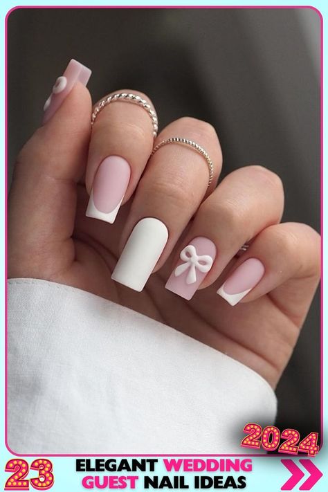 Matte pastel pink and white bow square nails, medium length, using acrylic material. These wedding guest nails are perfect for a soft, elegant appearance at any special occasion. Nails With Pink Design, Wedding Guest Nail, Wedding Guest Nails, Creative Nail Ideas, Milky White Nails, Floating Lights, Floating Flowers, Purple Diamond, Flower Soft