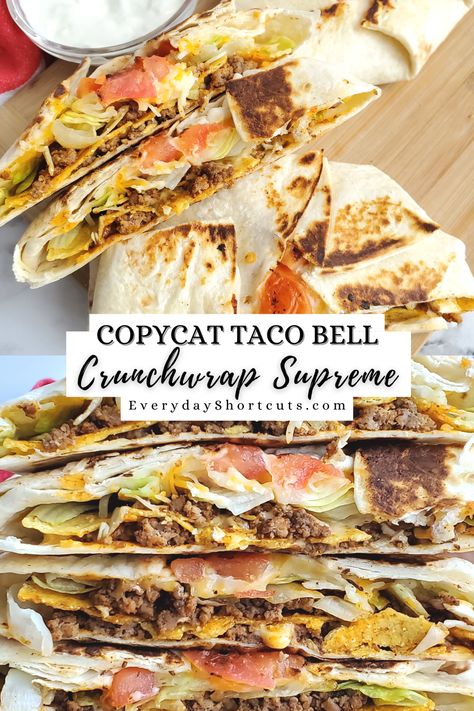 Crunch Wraps Taco Bell, Toco Bell Crunch Wrap, Taco Wrap Crunch, Steak Crunch Wrap Supreme, Taco Bell Crunch Wrap Supreme Recipe, Oven Crunch Wrap, Gluten Free Crunch Wrap Supreme, At Home Crunch Wrap, Crunchy Taco Recipes