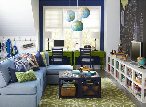 Every year, lots of people make New Year’s resolutions to get themselves in shape, but have you ever considered making a resolution to get your home in shape? It may be a strange c... Kids Tv Room, Loft Playroom, Hangout Room, Basement Playroom, Kids Living Rooms, Playroom Design, Bassett Furniture, Bonus Rooms, Trendy Kids