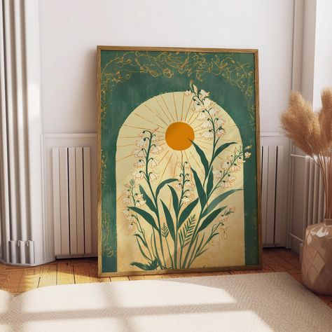 Earthy Artwork, Folk Art Illustration, Art Soleil, Green Canvas Art, Art Deco Prints, Parlor Room, Folk Illustration, Illustration Kunst, Eclectic Wall Art