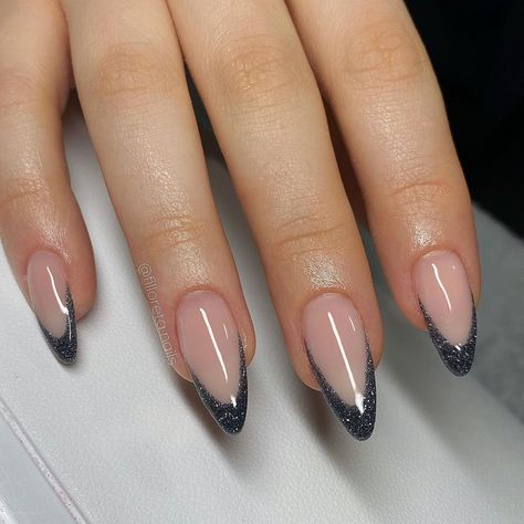 30 Winter Nail Art Designs (Ideas to Try) - You Have Style French Manicure Designs On Almond Nails, Almond Nails Trendy Black, Black And Silver Nails Acrylic Almond, Silver Almond Nails Designs, Elegant Almond Nails Classy Black, Black Inspired Nails, Types Of Nails To Get At Salon, Nails With Black Details, Colored Tip Nails