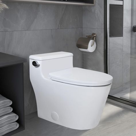 Elongated One Piece Toilet Low Profile, High Efficiency Flush 1.28 GPF with Soft Close Seat White Low Profile Toilet, Modern Mediterranean Home, Sink Dimension, Toilet Fill Valve, Dual Flush Toilet, Modern Toilet, Modern Bathrooms, Mediterranean Home, One Piece Toilets