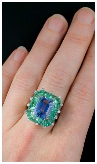 A magnificent antique sapphire and green beryl cocktail ring at Lang Antiques. Art Deco, circa 1930s-1940s. Beryl Ring, Coloured Stone Rings, Bvlgari Jewelry, Hello Lover, Junk Jewelry, Bold And Beautiful, Art Deco Era, Sapphire Earrings, Art Deco Jewelry