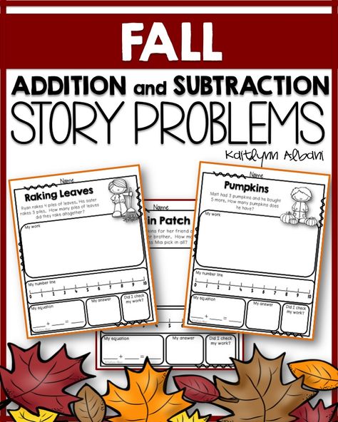 Addition and Subtraction Story/Word Problems for 1st grade - FALL theme Word Problems For 1st Grade, First Grade Addition, Math Story Problems, Winter Addition, 2nd Grade Activities, Math Activities Elementary, Addition Word Problems, Math Operations, Winter Math