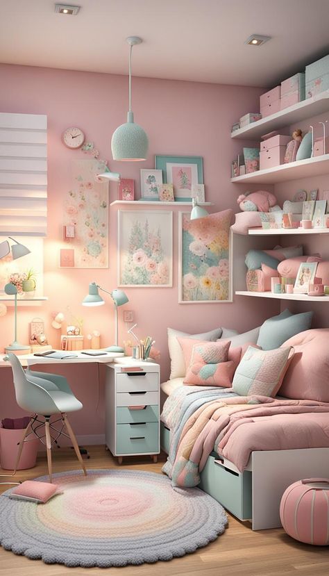 Cozy design of a girl's bedroom for small area#bedroom #design #girls #cosy #small_rooms Bedroom Ideas For 7 Year Girl, Pale Pink Girls Bedroom, Girls Room Small Space, Bedroom Ideas For 10 Yr Girl, Small Girl Bedroom Ideas, Older Girls Bedroom Ideas, Girls Pastel Bedroom Ideas, Girls Bedroom Ideas Age 8-10, Small Girls Room