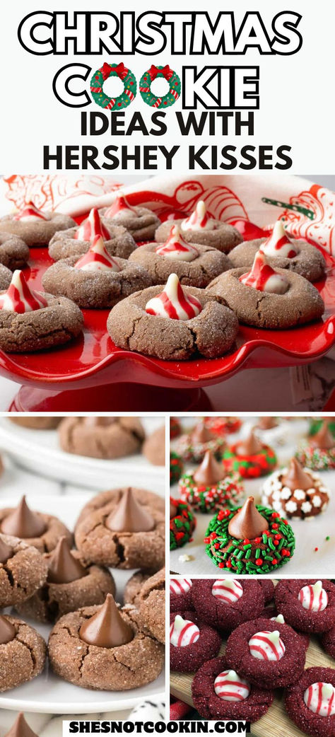 Photo collage of Christmas cookies with Hershey kisses. Peanut Butter With Kisses Cookies, 4 Cookies From One Dough, Hershey Drop Cookies, Peanut Butter Hershey Kiss Cookie Recipe, Christmas Cookies With Reese Cups, Hershey Kisses Sugar Cookies, Peanut Butter Cookie With Hershey Kiss, Christmas Cookies Tin Gift Ideas, Easy Christmas Cookies Recipes Holiday