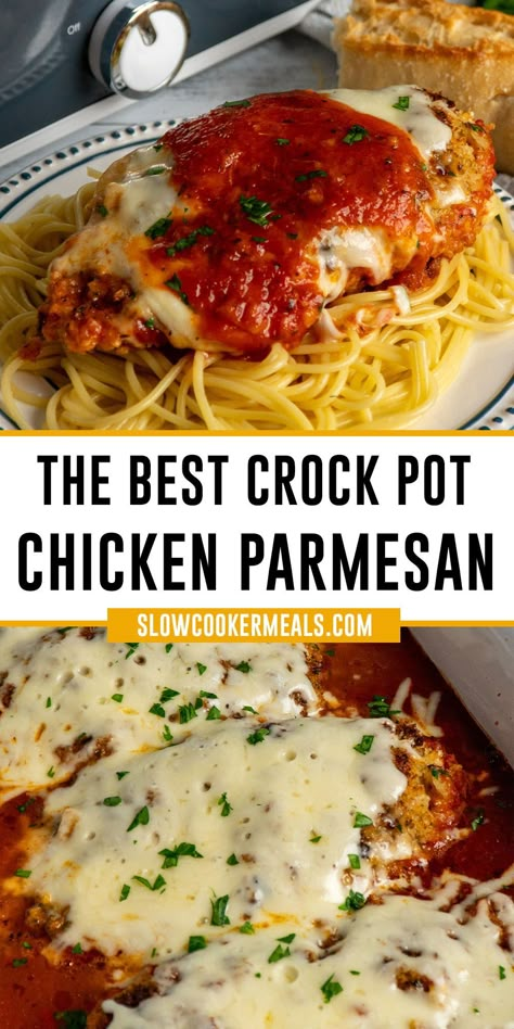 Chicken parmesan on a plate of pasta. Crock Pot Chicken Parmesan, Crockpot Shredded Chicken Tacos, Chicken Breast Recipes Slow Cooker, Crockpot Chicken Parmesan, Chicken Breast Slow Cooker, Chicken Parmesan Recipe Easy, Slow Cooker Bread, Crockpot Chicken Breast, Slow Sunday