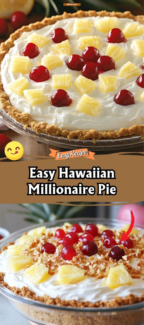 Escape to the tropics with this no-bake Hawaiian Millionaire Pie. Packed with pineapple, coconut, and cherries, this creamy, fruity pie is perfect for those warm days when you want a dessert that refreshes as much as it satisfies. Ready in minutes, it’s a true millionaire's treat without any of the fuss. #NoBakeDessert #TropicalPie #EasyRecipes Hawaiian Pie Recipe Crushed Pineapple, Hawaiian Pie Recipe, Pineapple Upside Down Pie, Tropical Dessert Recipes, Pineapple Pie No Bake, Samoa Pie Recipe, Recipes Using Pineapple, Pineapple Pie Recipe, Hawaiian Pie