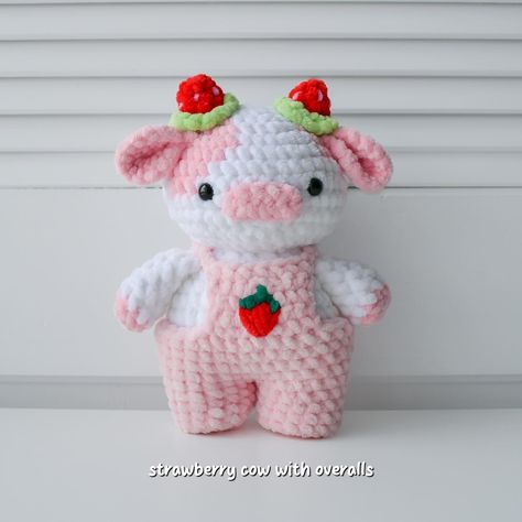 Strawberry Cow Crochet Pattern Free, Crochet Cow Pattern Free, Strawberry Cow Crochet, Cow Crochet Pattern, Cow Crochet, Strawberry Cow, Crochet Plushies, Amigurumi Cow, Crochet Strawberry