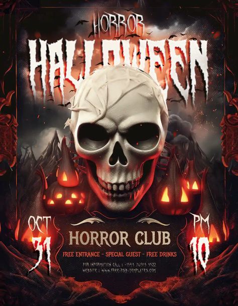 Halloween Event Poster, Halloween Club Party, Halloween Club, Halloween Party Flyer, Event Poster Template, Halloween Party Night, Free Psd Flyer Templates, Free Psd Flyer, Halloween Templates