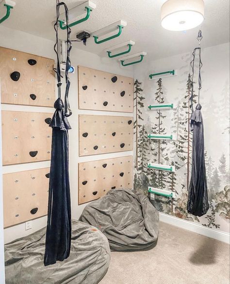 Basement Climbing Gym, Basement Sensory Room, Indoor Gymnastics Room, How To Organize Playroom, Toy Room Ideas For Boys, Climbing Playroom, Boys Playroom Ideas Older, Kids Climbing Wall Indoor, Climbing Wall Kids Room