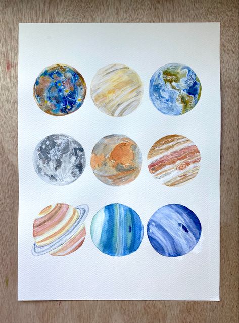 3 by 3 grid of all the planets and the moon. Painted in watercolor and white goauche. Follow me on Instagram for more at [@lauralindberg_art]. #spaceart #planets #spacepainting #space #watercolorplanets Planets Watercolor Painting, Planet Watercolor, All The Planets, Space Watercolor, Space Painting, Watercolor Paintings Easy, The Planets, Bob Ross, Easy Watercolor