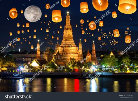 Floating lamp in yee peng festival under loy krathong day at wat arun, Full moon at night in bangkok city, Thailand Loi Krathong Festival, Floating Lamp, Thailand Package, Thailand Festivals, Moon At Night, Loy Krathong, Wat Arun, Bangkok City, Patong Beach