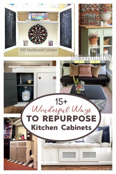 15 Ideas for repurposing and upcycling old or stock kitchen cabinets to use in other areas of your home. Upcycle Kitchen Cabinet Doors, Alternative To Upper Kitchen Cabinets, What To Do With Old Kitchen Cabinets, Repurpose Upper Kitchen Cabinets, Repurposed Upper Kitchen Cabinets, Cabinet Door Upcycle, Kitchen Cabinet Repurpose Ideas, Repurpose Cabinets, Repurpose Kitchen Cabinets