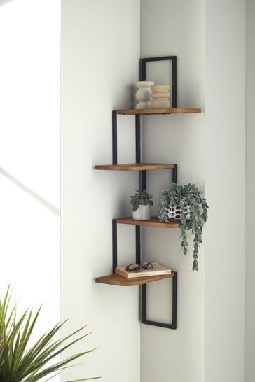 Metal Wood Shelves, Small Space Shelves Ideas, Black Metal And Wood Shelves, Black White And Wood Living Room Decor, Simple Flat Decor, Living Room Wood And Black, Black Metal And Wood Decor, Living Room Green And Black, Next Bronx Bedroom