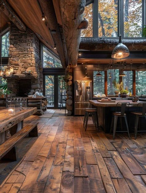 Mountain House Kitchen Rustic, Chalet Style Kitchen, Open Room Ideas Living Areas, Industrial Log Cabin, Rustic Open Floor Plan, Dark Wood Cabin, Stone Basement, Dark Cabin, Rustic House Exterior