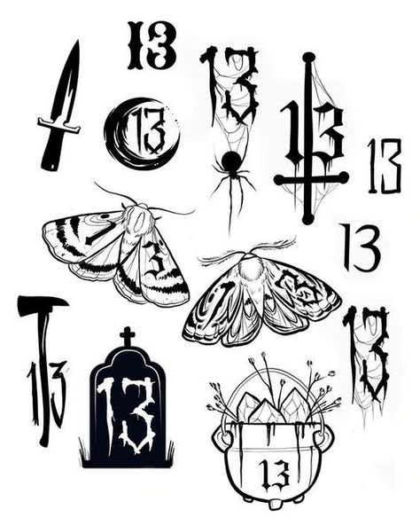 Number 13 Tattoos, Berg Tattoo, Friday The 13th Tattoo, 16 Tattoo, Catrina Tattoo, 13 Tattoos, Omerta Tattoo, Tattoo Flash Sheet, Spooky Tattoos