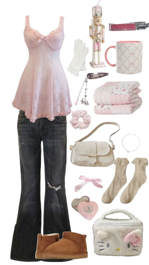 coquette, girly, girl core, mirror, dress, flares, hello kitty, uggs, bow , socks, bag, scrubchie, hair clips, mug , bows, bracelet, gloves Waif Outfit, Couqutte Aesthetic, Hugging Clothes, Casual Outfit Inspiration, 2000s Fashion Outfits, Girls Wardrobe, Really Cute Outfits, Teenage Fashion Outfits, Girly Outfits