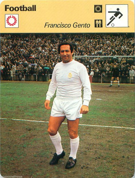 Francisco Gento of Real Madrid in 1971. Vintage Real Madrid, Francisco Gento, Real Madrid 2005, Aporla15 Real Madrid, Real Madrid Coach, Atletico Madrid Vs Real Madrid, Real Madrid, Madrid, Baseball Cards