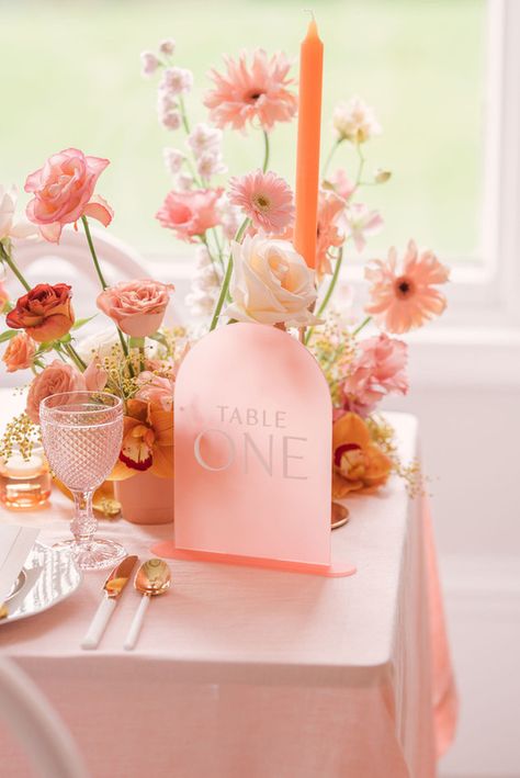 2023 Wedding Trends Wedding Table Decor, Wedding Table Flowers Pink, Pink Modern Wedding Decor, Pastel Pink And Orange Wedding, Table Number Wedding Ideas, Pink And Orange Table Setting, Pink Orange White Flowers, Acrylic Table Decor, Pink Orange Yellow Wedding