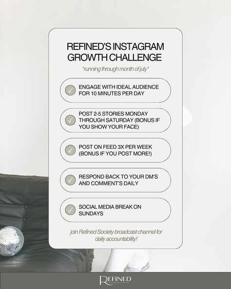 It’s officially happening - Refined’s Instagram Growth Challenge! Running through all of July ☀️🗓️ A week from today, this challenge will kickoff and I will be joining in on it as well as keeping everyone accountable in the Refined Society broadcast channel 💬 All the additional deets can be found in that broadcast channel 🤍 Will you be joining in on this challenge??!! 🤭👇🏼 - Social media growth. Instagram growth. Instagram growth challenge. Instagram tips. Social media manager. #instagram... Growth Challenge, Challenge Instagram, Social Media Challenges, Social Media Break, Social Media Growth, Instagram Growth, Instagram Tips, Social Media Manager, Social Media