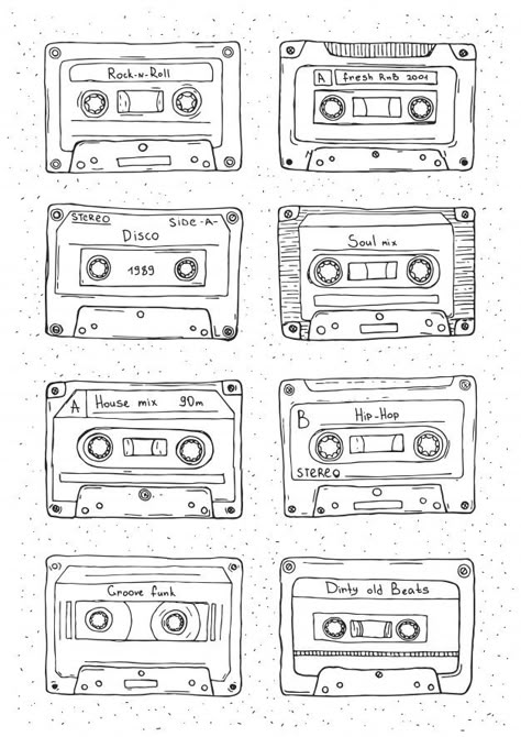 Casette Tape Tattoo Simple, How To Draw Cassette Tapes, Caset Tape Drawing, Cassette Tape Doodle, Cassette Tapes Tattoo, Music Tape Drawing, Music Tape Tattoo, Casette Tape Drawing, Cassette Drawing