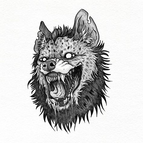 Hyena Art Drawings, Saber Tooth Tiger Tattoo, Hyena Tattoo Designs, Hyena Art, Hyena Tattoo, Tooth Tattoo, Butterfly Knife, Creepy Tattoos, Black And White Sketches