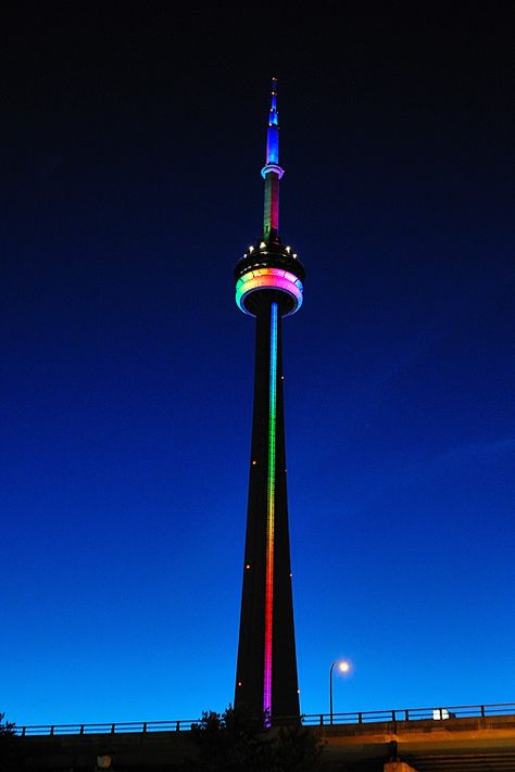 The CN Tower shows its colours for Toronto Pride. Night Toronto, Call Centre, Canada Eh, Toronto City, Toronto Travel, O Canada, Toronto Ontario Canada, Downtown Toronto, Famous Places