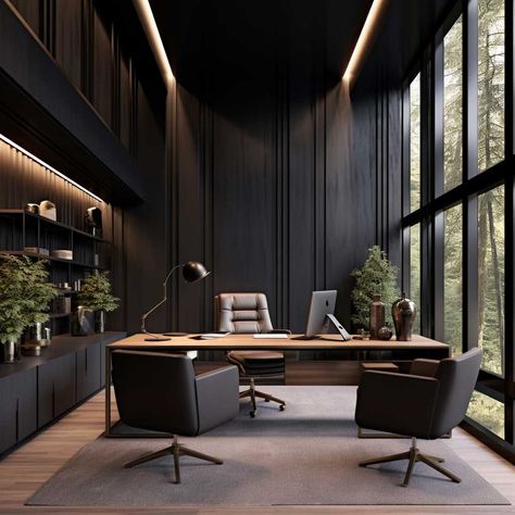 Construction Office Interior Design, Black Wall Paneling, Modern Black Office, Modern Exterior House Colors, Modern Classic Office, Business Office Interior Design, Ceo Office Design, Color In Interior Design, Wall Paneling Ideas