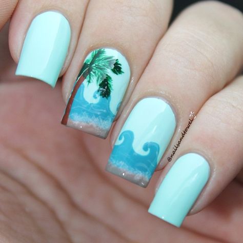 Beach Inspired Nails With Palm Tree and Ocean Waves