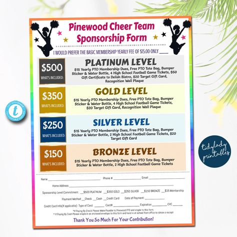 Cheerleader Sponsorship Form, Sponsership Membership Donation Signup Printable Handout, Cheer Team School Sports Fundraiser Event, EDITABLE Cheer Fundraiser, Cheerleading Fundraiser, Sponsorship Levels, Sponsorship Letter, Sports Fundraisers, High School Cheerleading, High School Football Games, Fundraiser Event, School Pto