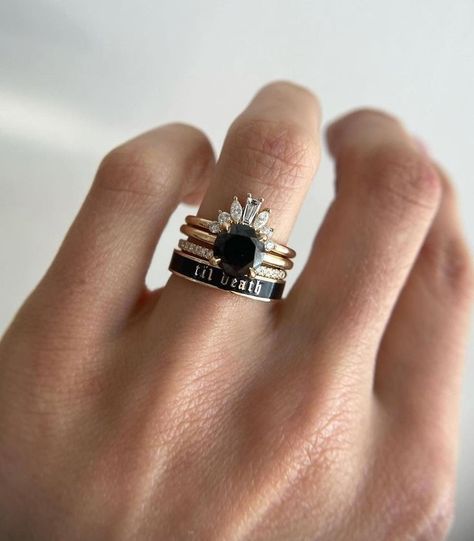 Punk Engagement Rings, Black Wedding Ring For Women, Stack Rings Wedding, Ring Stacking Ideas Wedding Bands, Stackable Engagement Rings, Marrow Fine Jewelry, Stackable Wedding Rings, Mama Ring, Love Lasts Forever