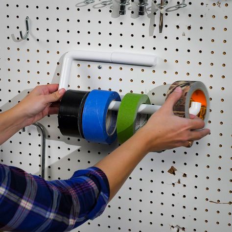 paper towel holder tape storage Rangement Art, Basement Organization, Tape Storage, Shed Organization, Garage Tool Storage, Basement Ceiling, Attic Renovation, Diy Garage Storage, Garage Storage Organization