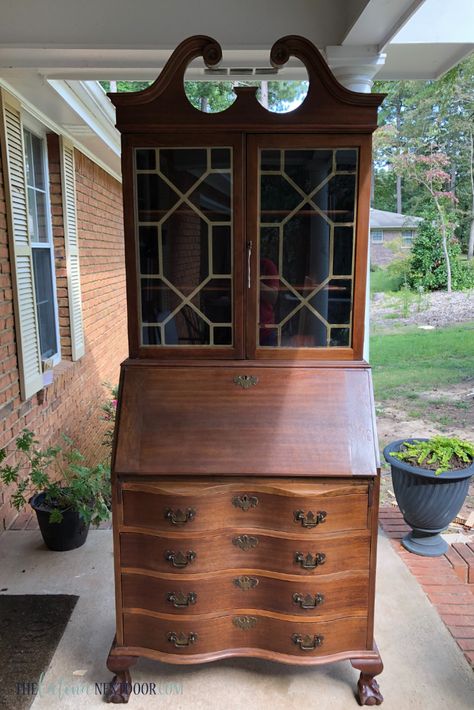 Secretary “Cottage” Desk Makeover - The Latina Next Door Painted Vintage Secretary Desk, Decorating A Secretary Desk, Secretary Desk Makeup Vanity, Bleached Wood Secretary Desk, Secretary Desk Make Over, Antique Secretary Desks Makeover, How To Decorate A Secretary Desk, Art Deco Secretary Desk, Painting A Secretary Desk