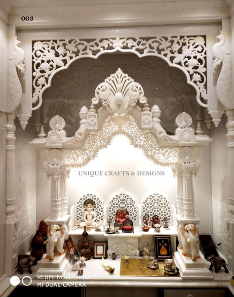 Marble Pooja Room, Home Temple Ideas Puja Room, Temple Room, Marble Temple, Mandir Decoration, Living Room Wall Color, Mandir Design, White Temple, Temple Decor